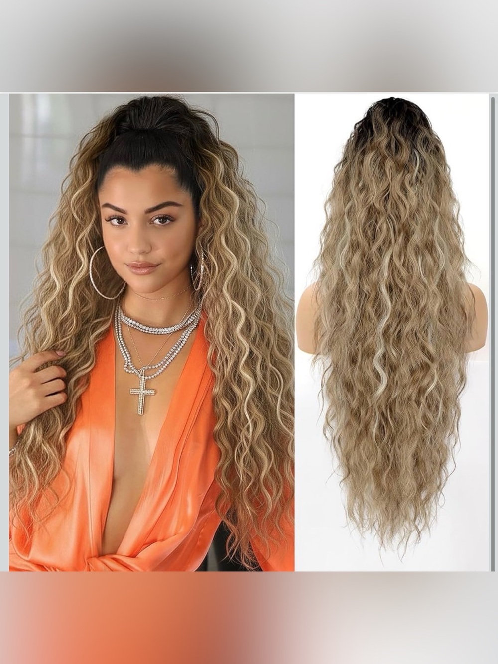 Long Wavy High Clip in Ponytail - Black to Brown to Blonde Ombre